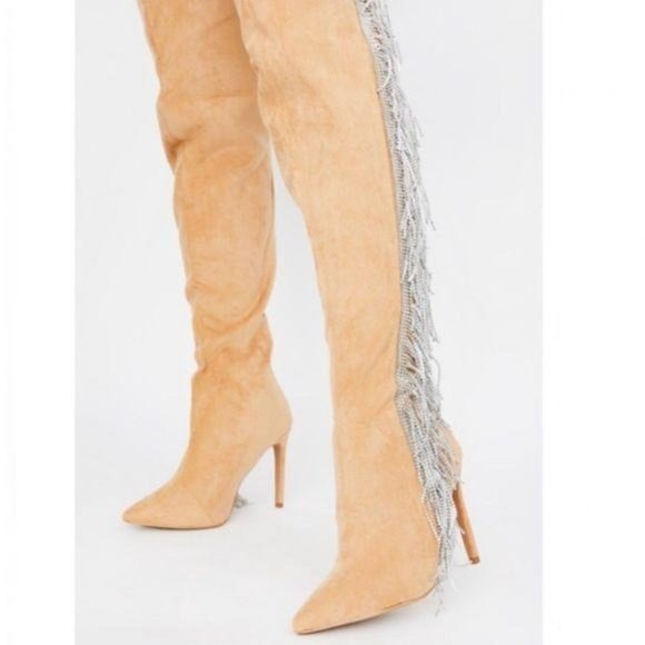 Sole Jealous Shoes - Pointy Toe OTK Boots w/ Rhinestone Fringe in Tan